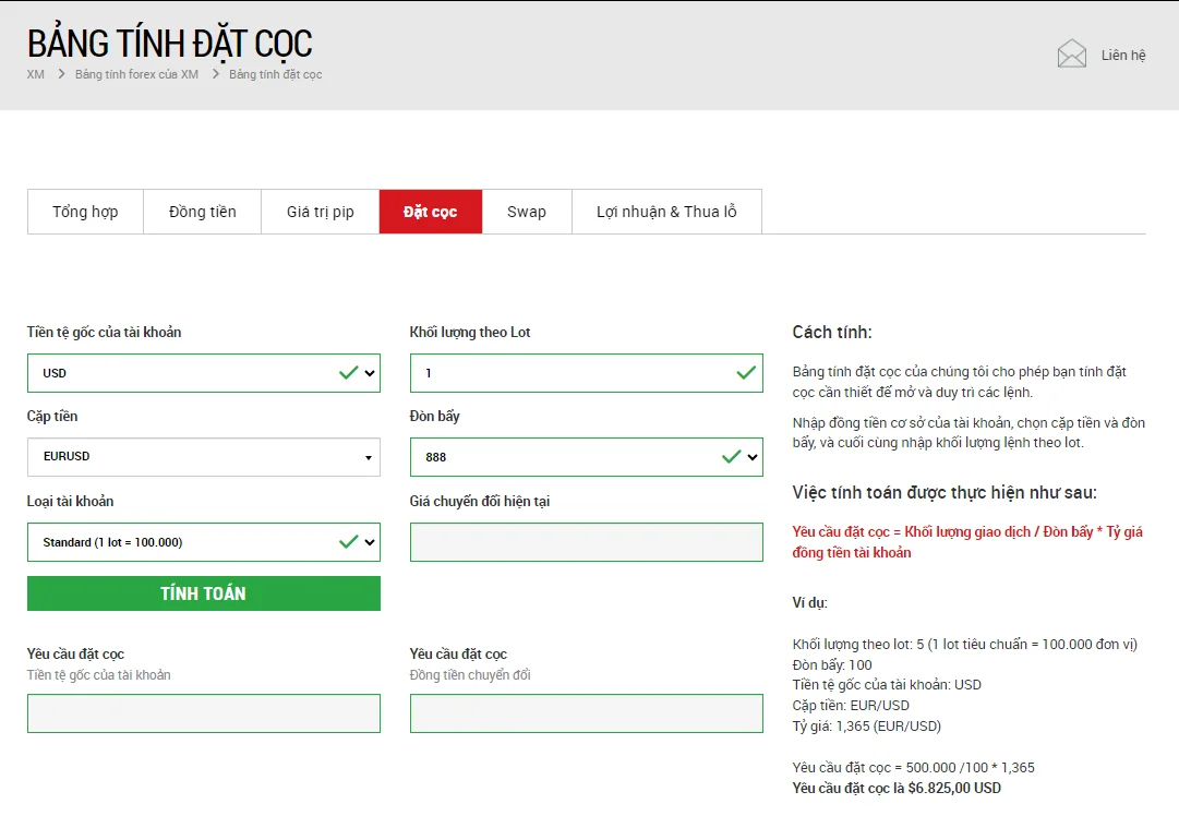 công cụ tính toán Forex của XM 5