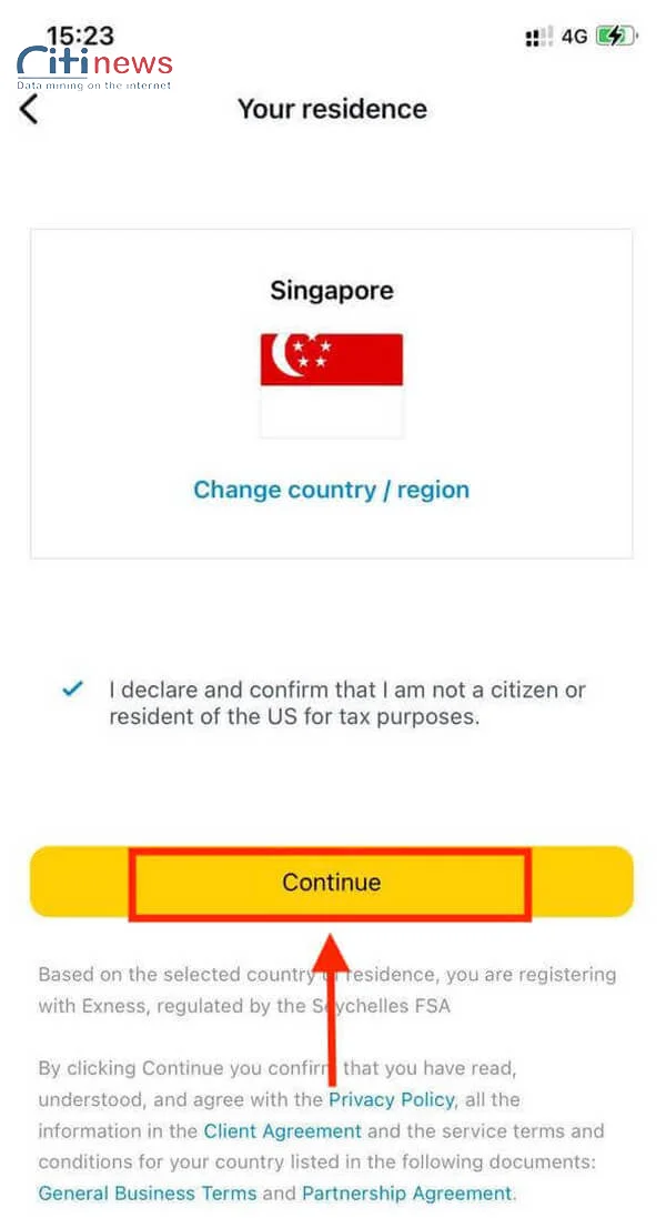 Nhấn Thay đổi Quốc gia/ Khu vực để chọn Việt Nam sau đó nhấn Tiếp tục